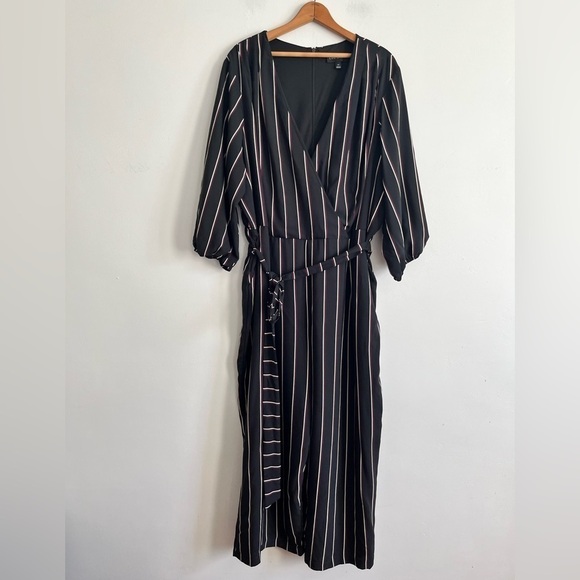 Lane Bryant Striped Wrap Wide Leg Tie Belt Jumpsuit Pockets - Picture 2 of 10